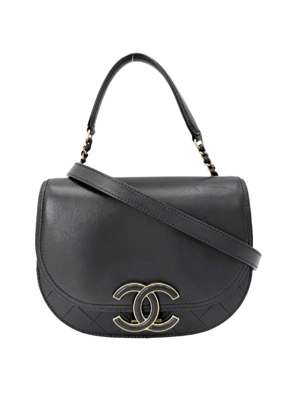 Chanel 2-Way CC Logo Shoulder Bag Crossbody Leather Black Antique Gold Autumn